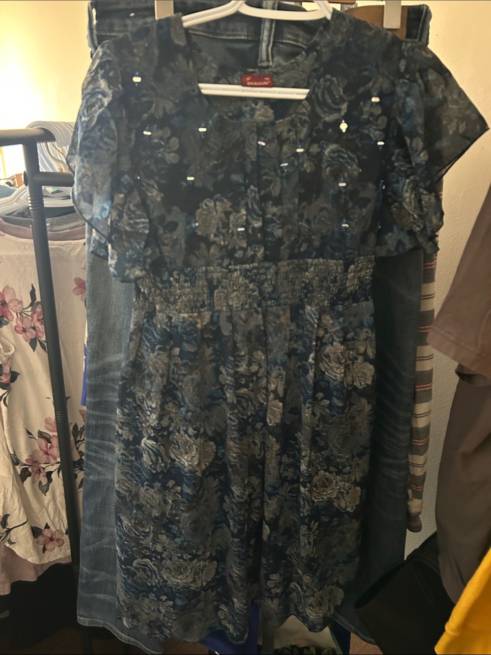 Shagun: Vintage-Inspired Blue Floral Womens Dress with Smocked Waist